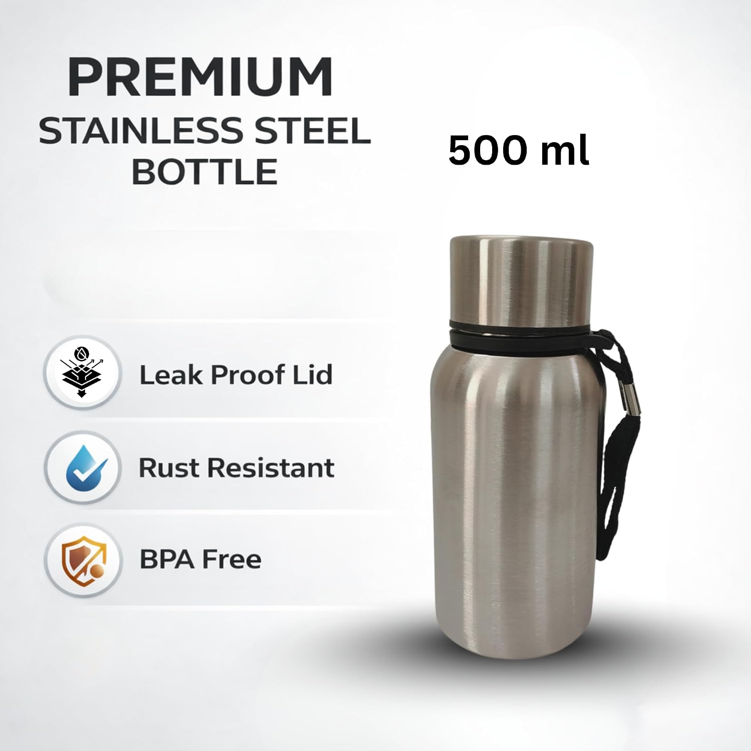 Stainless Steel Water Bottle Single Wall | Leak Proof Rust Resistant Reusable Drinking Bottle for Home Office School | Travel Durable Metal Water Bottle (500ml)