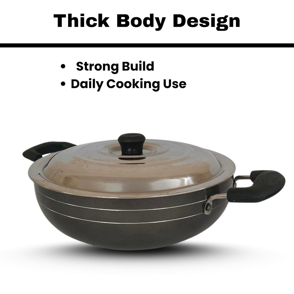 Non-Stick Kadhai with Lid and Serving Spoon | Deep Fry Pan for Indian Cooking | Heavy Gauge Body | Heat-Resistant Handles | Ideal for Sabzi, Curry, Frying & Stir-Fry (2.5 Liters)