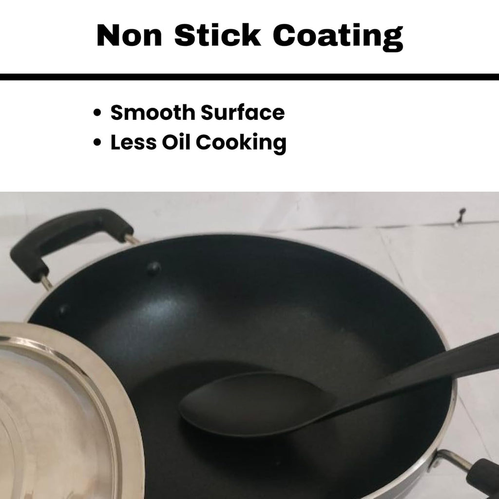 Non-Stick Kadhai with Lid and Serving Spoon | Deep Fry Pan for Indian Cooking | Heavy Gauge Body | Heat-Resistant Handles | Ideal for Sabzi, Curry, Frying & Stir-Fry (2.5 Liters)