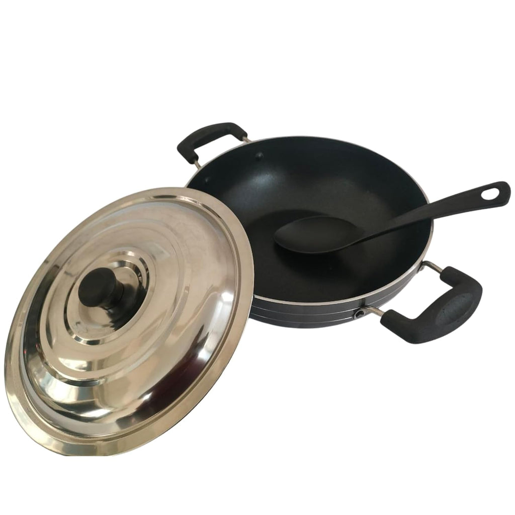 Non-Stick Kadhai with Lid and Serving Spoon | Deep Fry Pan for Indian Cooking | Heavy Gauge Body | Heat-Resistant Handles | Ideal for Sabzi, Curry, Frying & Stir-Fry (2.5 Liters)