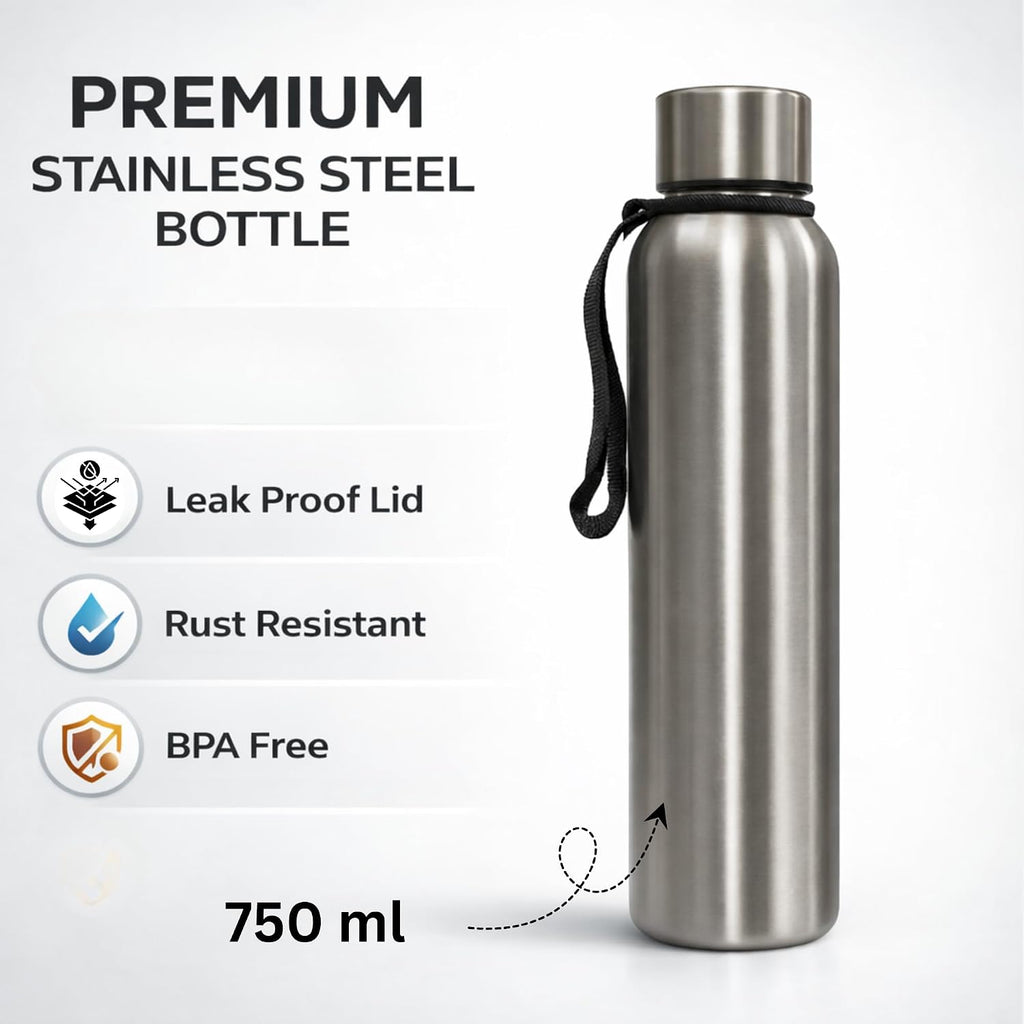Stainless Steel Water Bottle Single Wall | Leak Proof Drinking Bottle Rust Resistant | Reusable Water Container for Office School Gym Travel | Outdoor Use Lightweight (750ml)