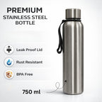 Stainless Steel Water Bottle Single Wall | Leak Proof Drinking Bottle Rust Resistant | Reusable Water Container for Office School Gym Travel | Outdoor Use Lightweight (750ml)