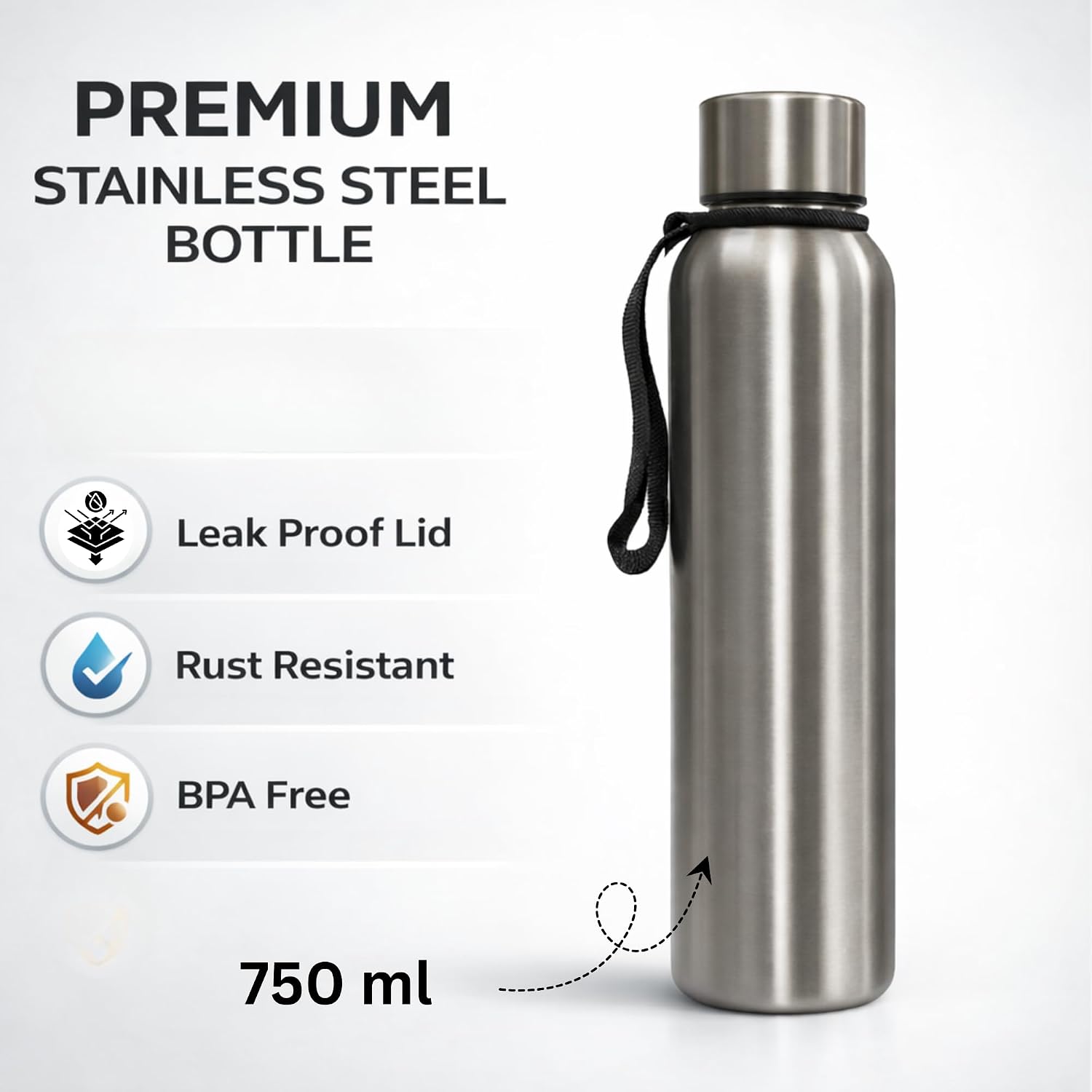 Stainless Steel Water Bottle Single Wall | Leak Proof Drinking Bottle Rust Resistant | Reusable Water Container for Office School Gym Travel | Outdoor Use Lightweight (750ml)
