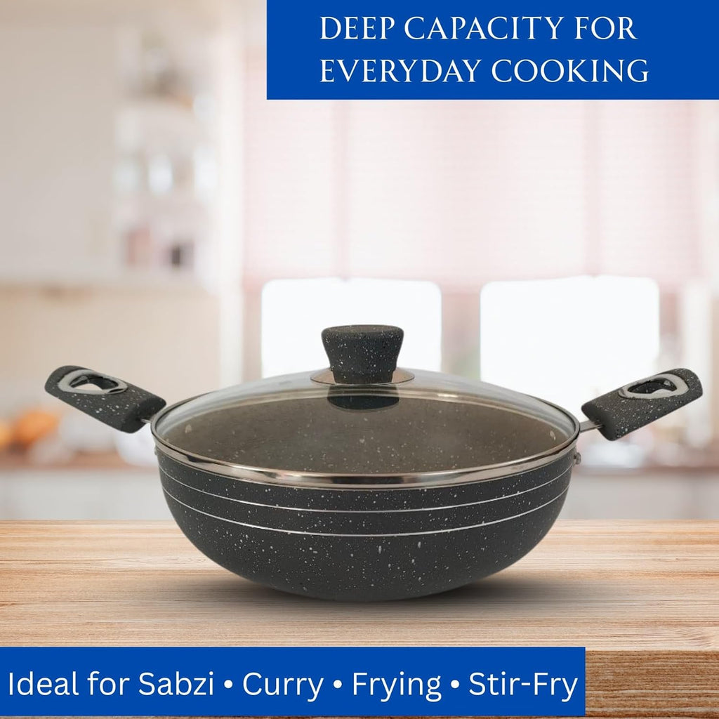 Non Stick Deep Kadai with Glass Lid | 5 Litre Multipurpose Cooking Kadhai for Indian Kitchen | Gas Stove Compatible Frying Pan for Curry Sabzi | Deep Fry Nonstick Cookware with Strong Handles