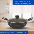 Non Stick Deep Kadai with Glass Lid | 5 Litre Multipurpose Cooking Kadhai for Indian Kitchen | Gas Stove Compatible Frying Pan for Curry Sabzi | Deep Fry Nonstick Cookware with Strong Handles