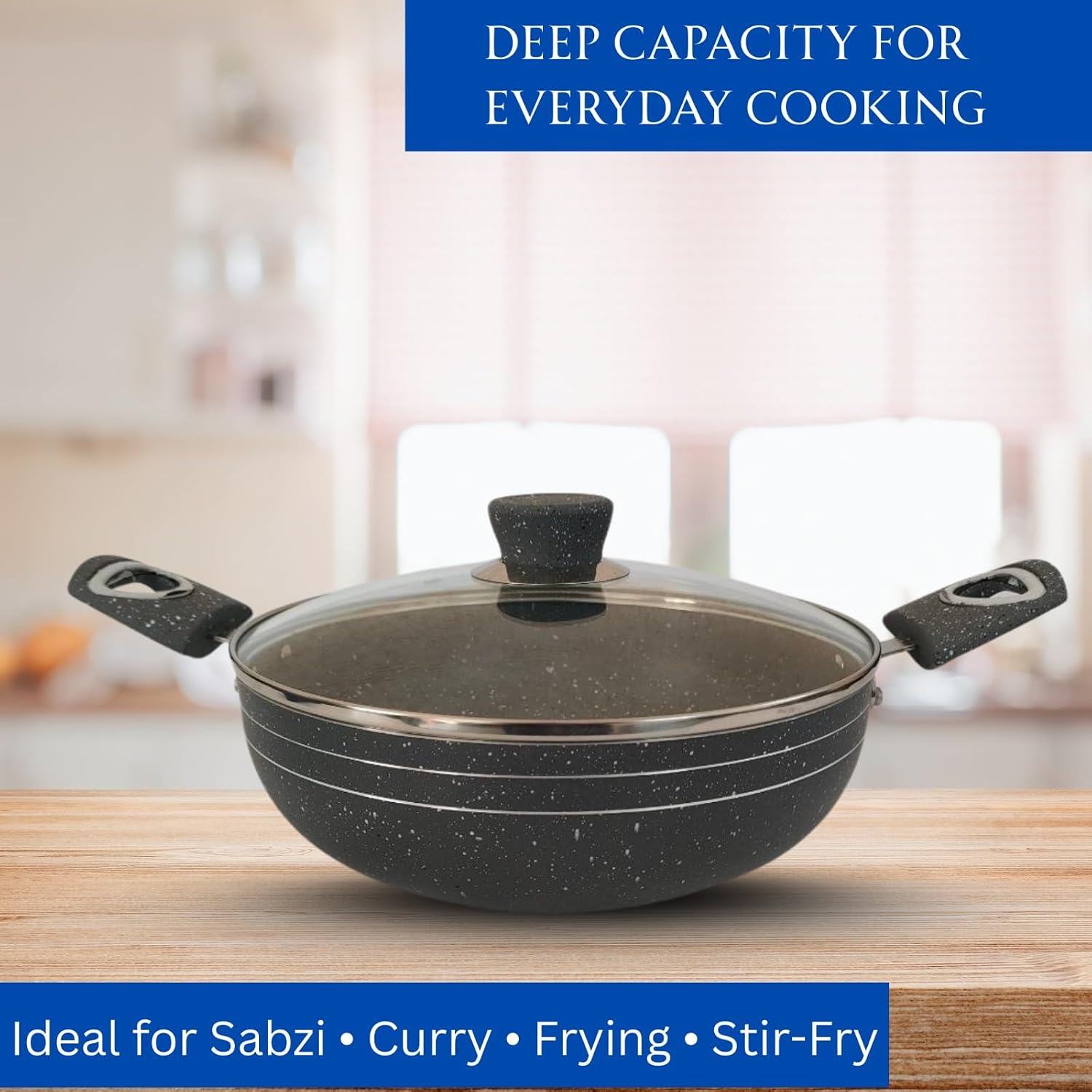 Non Stick Deep Kadai with Glass Lid | 5 Litre Multipurpose Cooking Kadhai for Indian Kitchen | Gas Stove Compatible Frying Pan for Curry Sabzi | Deep Fry Nonstick Cookware with Strong Handles