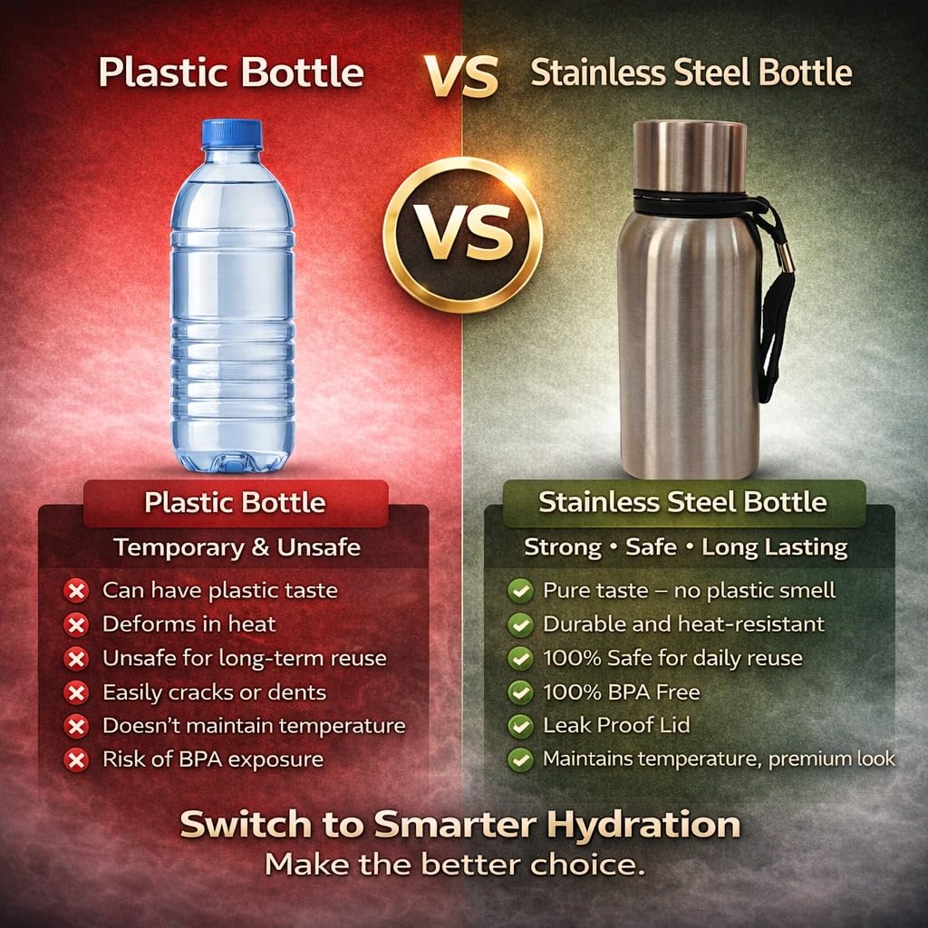 Stainless Steel Water Bottle Single Wall | Leak Proof Rust Resistant Reusable Drinking Bottle for Home Office School | Travel Durable Metal Water Bottle (500ml)