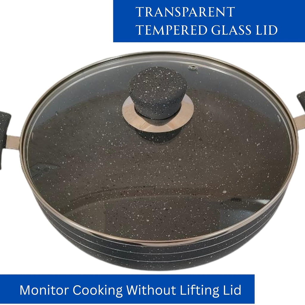Non Stick Deep Kadai with Glass Lid | 5 Litre Multipurpose Cooking Kadhai for Indian Kitchen | Gas Stove Compatible Frying Pan for Curry Sabzi | Deep Fry Nonstick Cookware with Strong Handles