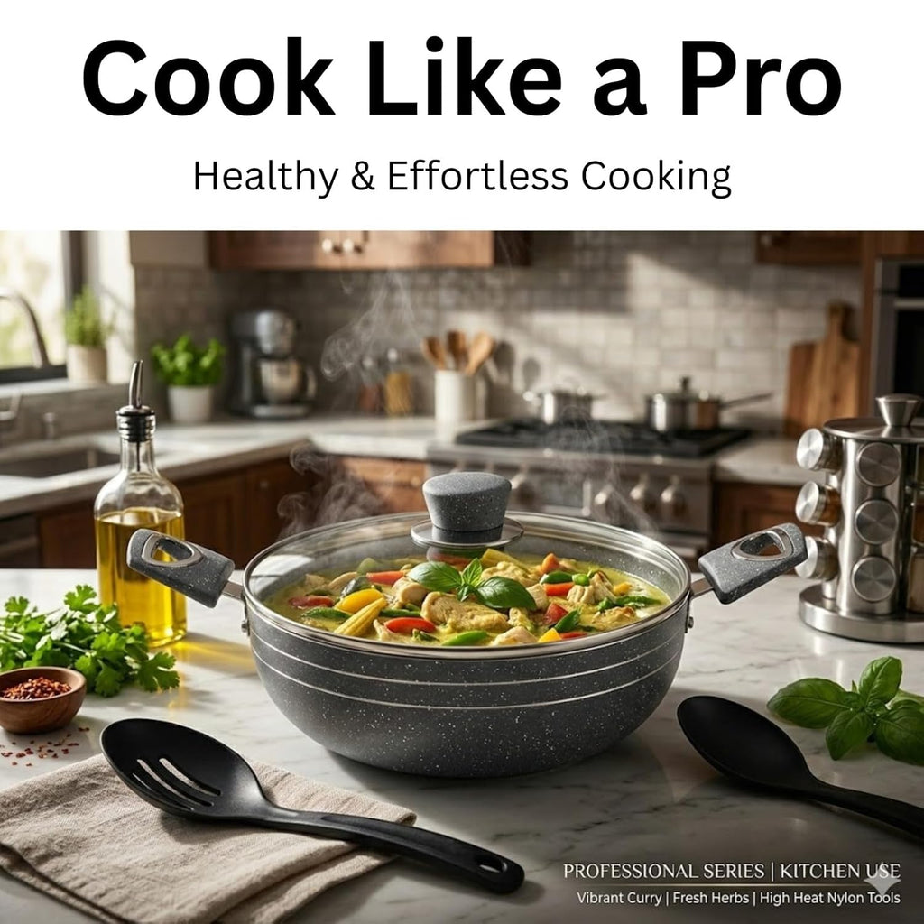 Non Stick Deep Kadai with Glass Lid | 5 Litre Multipurpose Cooking Kadhai for Indian Kitchen | Gas Stove Compatible Frying Pan for Curry Sabzi | Deep Fry Nonstick Cookware with Strong Handles