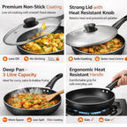 Deep Non Stick Frying Pan with Lid | Multipurpose Fry Pan for Gas Stove | Nonstick Cookware for Eggs, Curries, Vegetables & Daily Cooking (3 LTR)