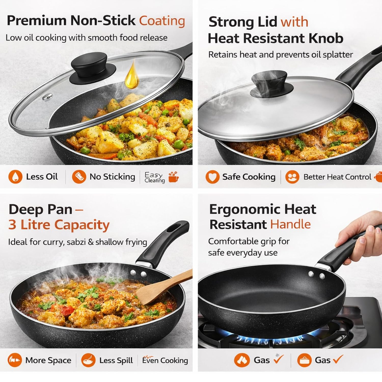 Deep Non Stick Frying Pan with Lid | Multipurpose Fry Pan for Gas Stove | Nonstick Cookware for Eggs, Curries, Vegetables & Daily Cooking (3 LTR)